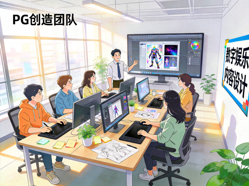 PG创造团队工作场景展示 - 一群创意人员在明亮办公室协作设计数字娱乐内容