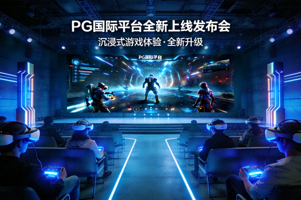 PG国际平台全新上线发布会现场照片，展示现代科技游戏界面与沉浸式体验