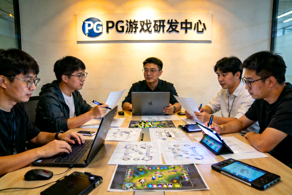 PG核心研发团队专访现场照片，团队成员正在讨论游戏开发